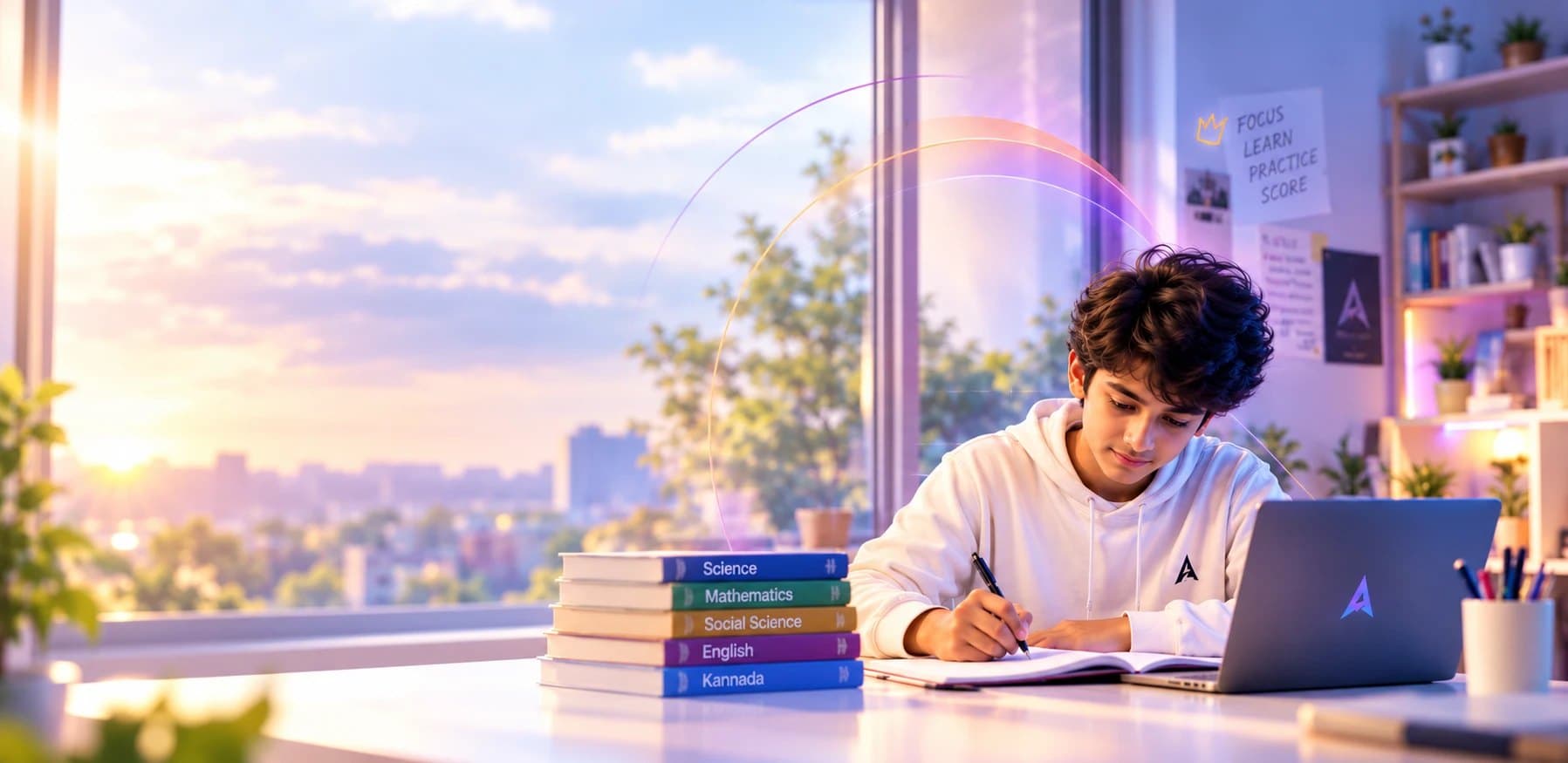 A Class 10 student studying at a desk with notes and a laptop